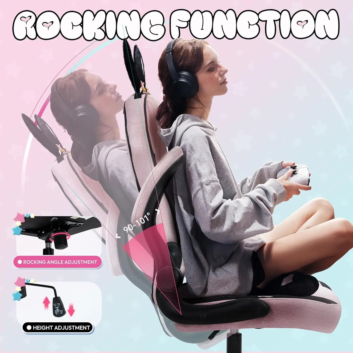 Gaming Chair with Removable Bunny Ears, Pastel Pink