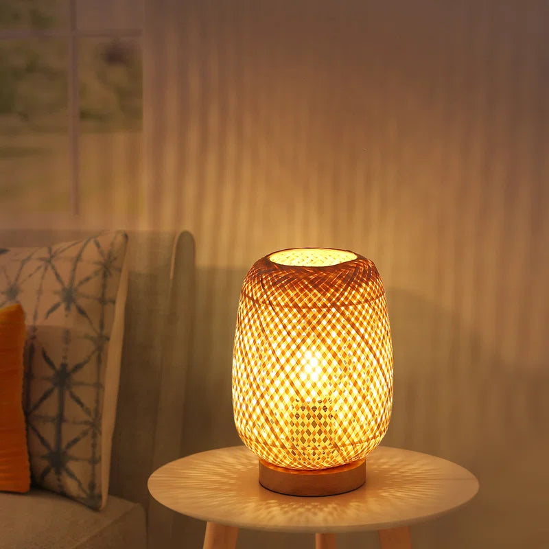 Benvolio Rattan Weave Bamboo Table Lamp with Wood Base Mini Wicker Desk Lamp Boho Farmhouse Nightstand Lamp