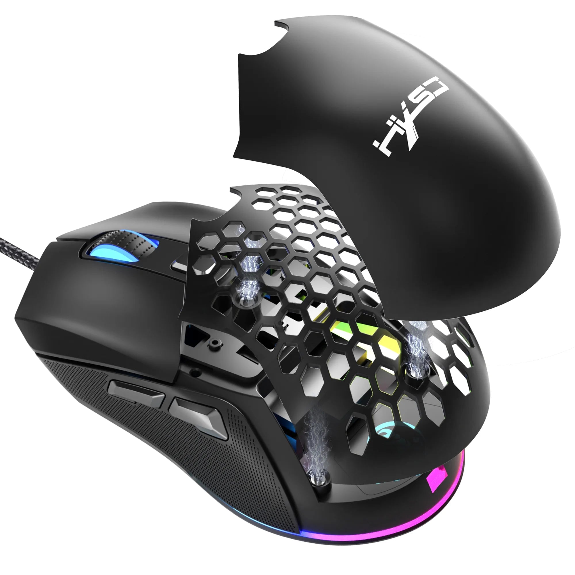 Wired Gaming Mouse with Swap Honeycomb Shell, Adjustable 7200 DPI, 6 Programmable Buttons, Lightweight Gaming Mice with 12 RGB Backlight for Windows PC Gaming and Office,Black