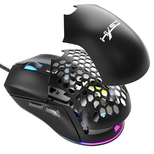 Wired Gaming Mouse with Swap Honeycomb Shell, Adjustable 7200 DPI, 6 Programmable Buttons, Lightweight Gaming Mice with 12 RGB Backlight for Windows PC Gaming and Office,Black