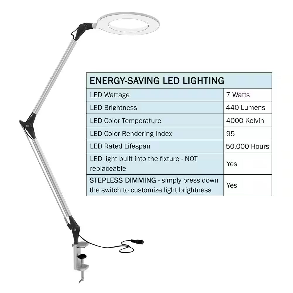 17.5 In. Metal Silver Swing Arm Architect LED Task Lamp with Ring Light