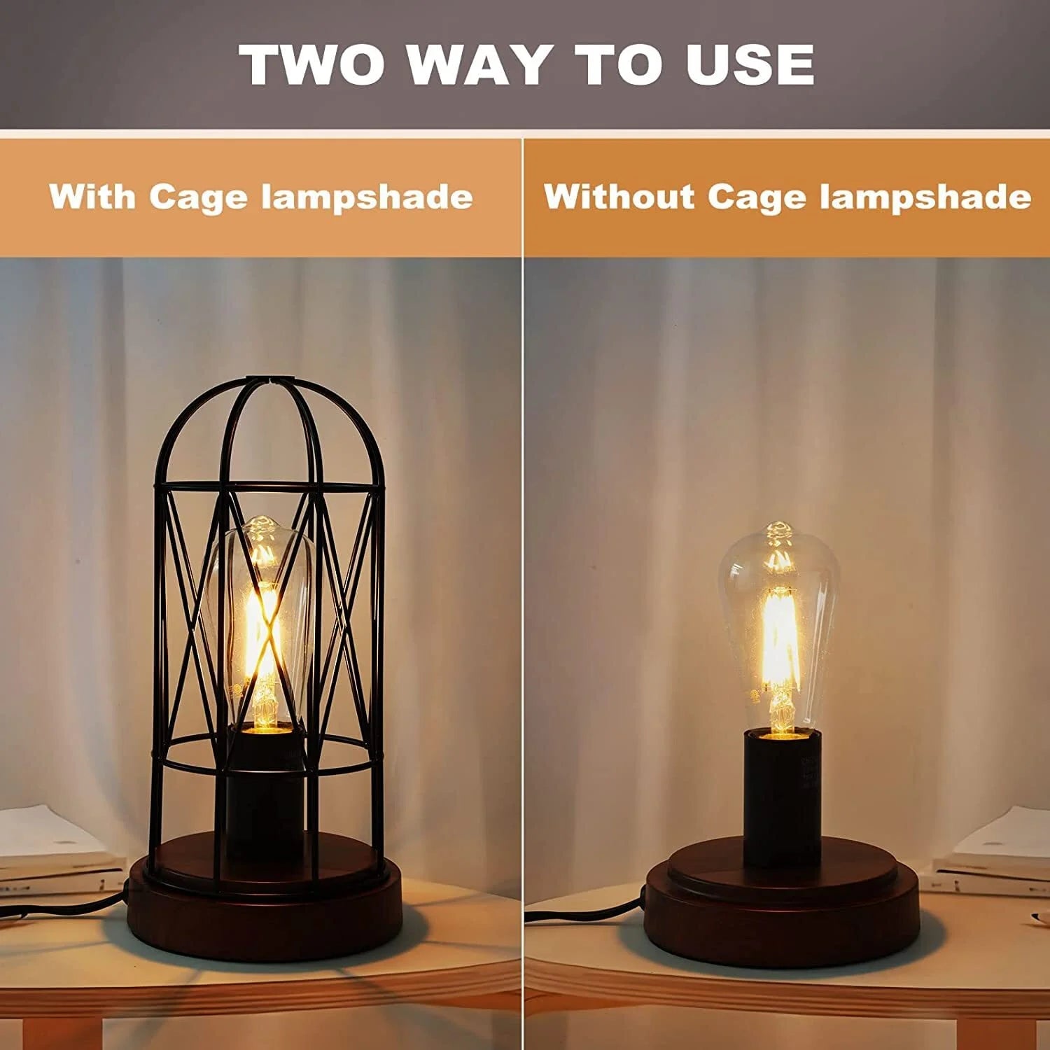 Industrial Table Lamp Set of 2, Small Touch Control Edison Desk Lamp 3 Way Dimmable Vintage Bedside Lamp Metal Cage Steampunk for Living Room,Bedroom or Den