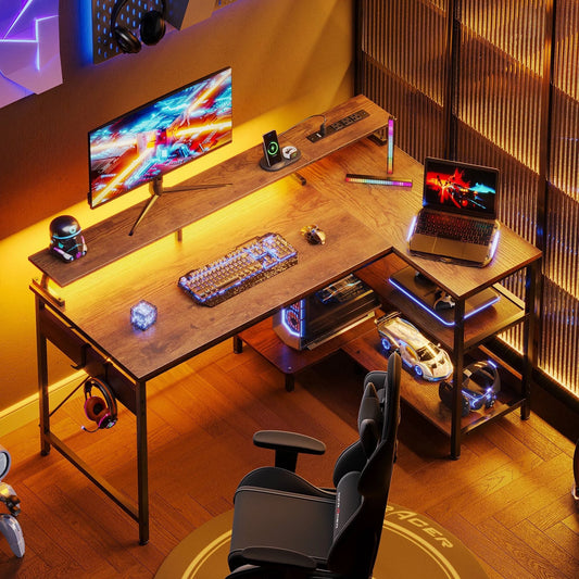 48 In. Reversible L Shaped Gaming Desk with LED Lights & Power Outlet