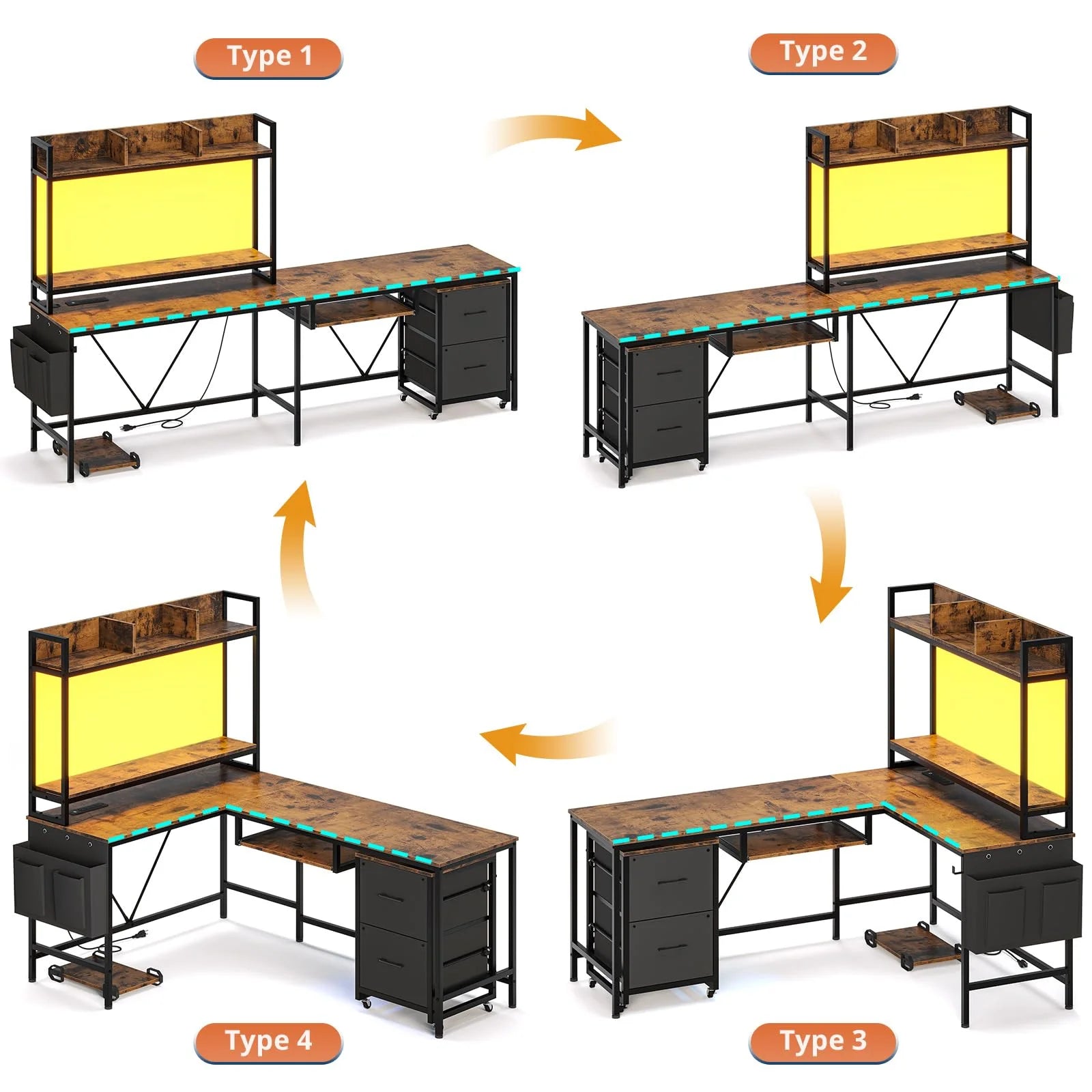 Modular Wooden Gaming Desk with Power Outlet and LED