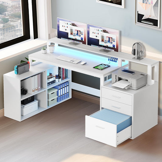 65" White L-Shaped Desk with Power Outlets and LED 