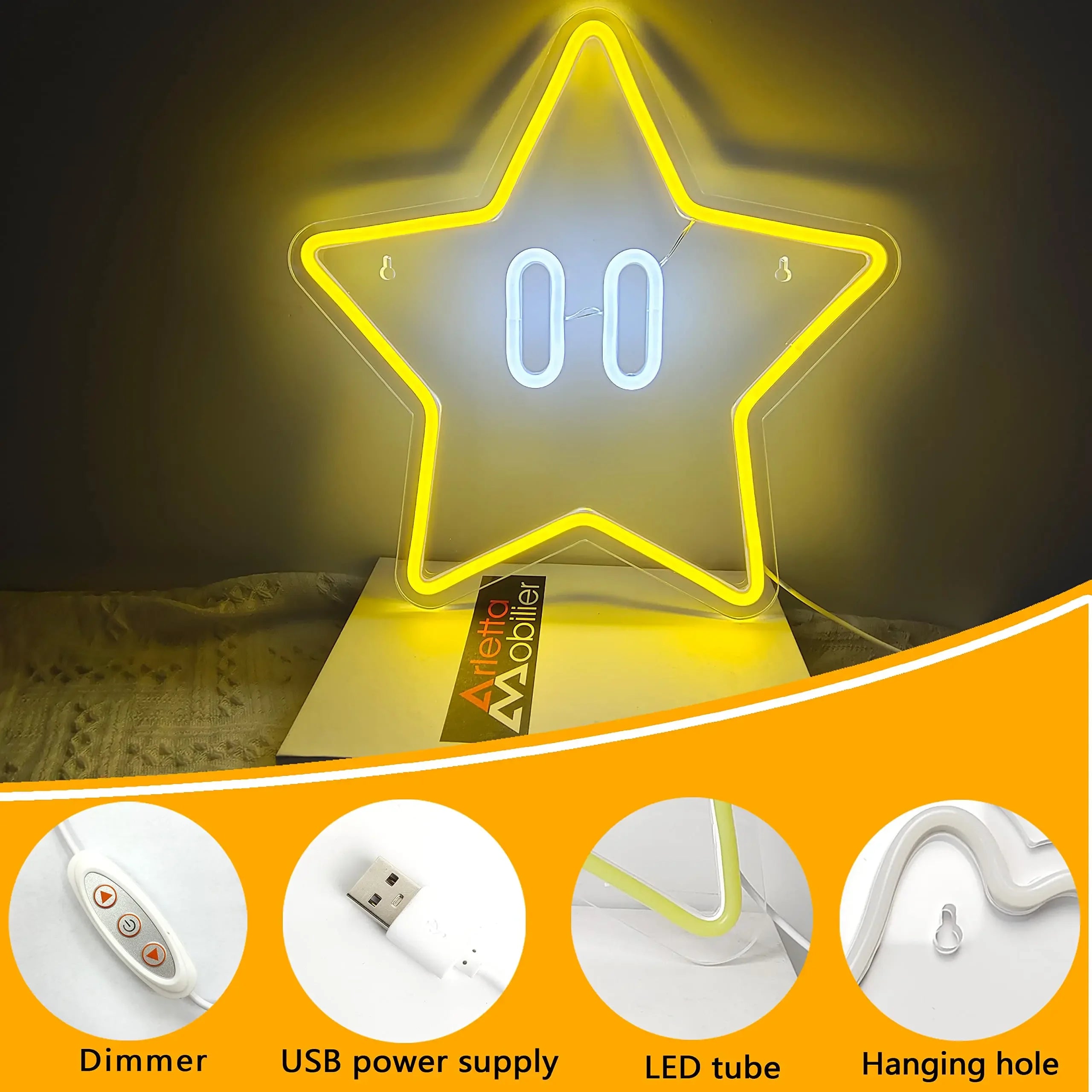 Star Neon Sign, Gaming Neon Sign for Mario Game Room Decor, Kids Room,Super Star Gaming Wall Decor Gamer Gifts for Boys, Kids