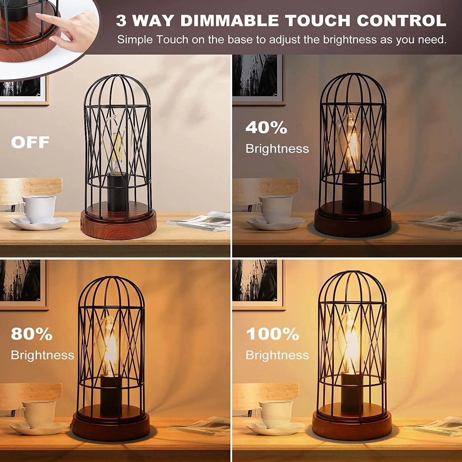 Industrial Table Lamp Set of 2, Small Touch Control Edison Desk Lamp 3 Way Dimmable Vintage Bedside Lamp Metal Cage Steampunk for Living Room,Bedroom or Den