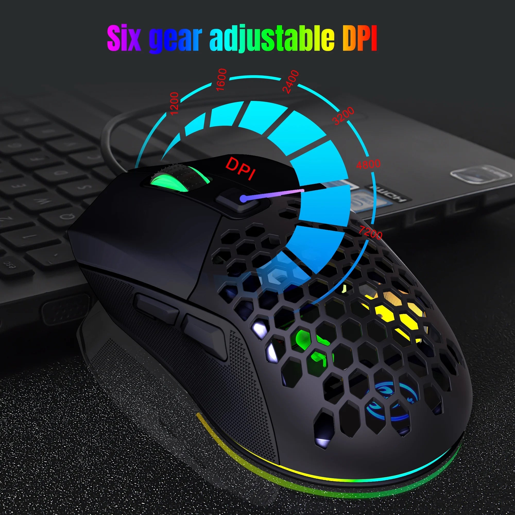 Wired Gaming Mouse with Swap Honeycomb Shell, Adjustable 7200 DPI, 6 Programmable Buttons, Lightweight Gaming Mice with 12 RGB Backlight for Windows PC Gaming and Office,Black