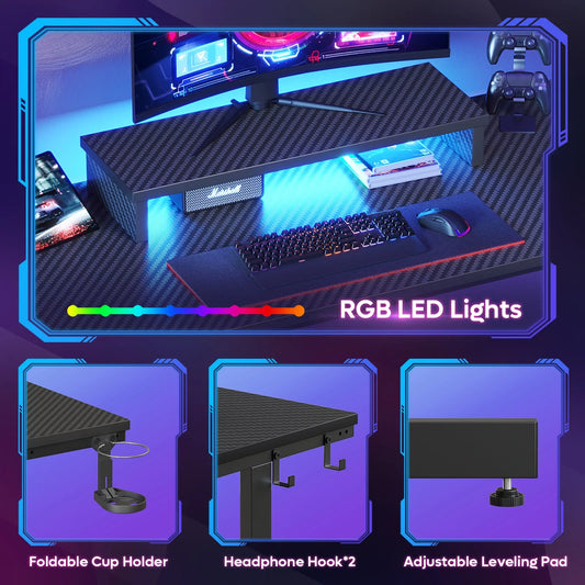 42" Gaming Desk with LED Lights, Carbon Fiber