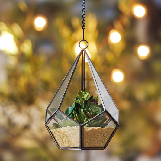 (2 Pack)  Metal and Glass Diamond Shaped Hanging Terrarium, 6.2 in Dia X 8.9 in H