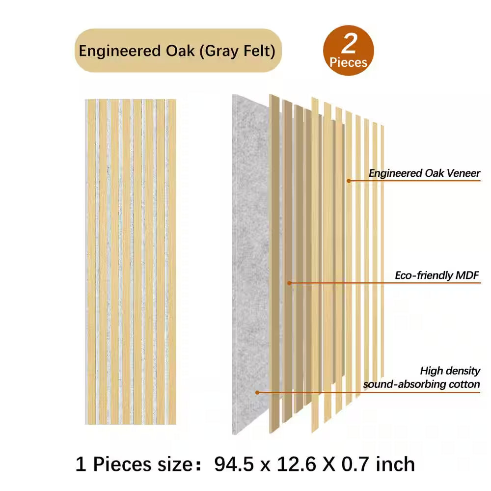 Oak Gray Felt Wood Slat Acoustic Panels, MDF Decorative Wall Paneling (2 Piece/16.5 Sq. Ft.) - 94.5 In. X 12.6 In.