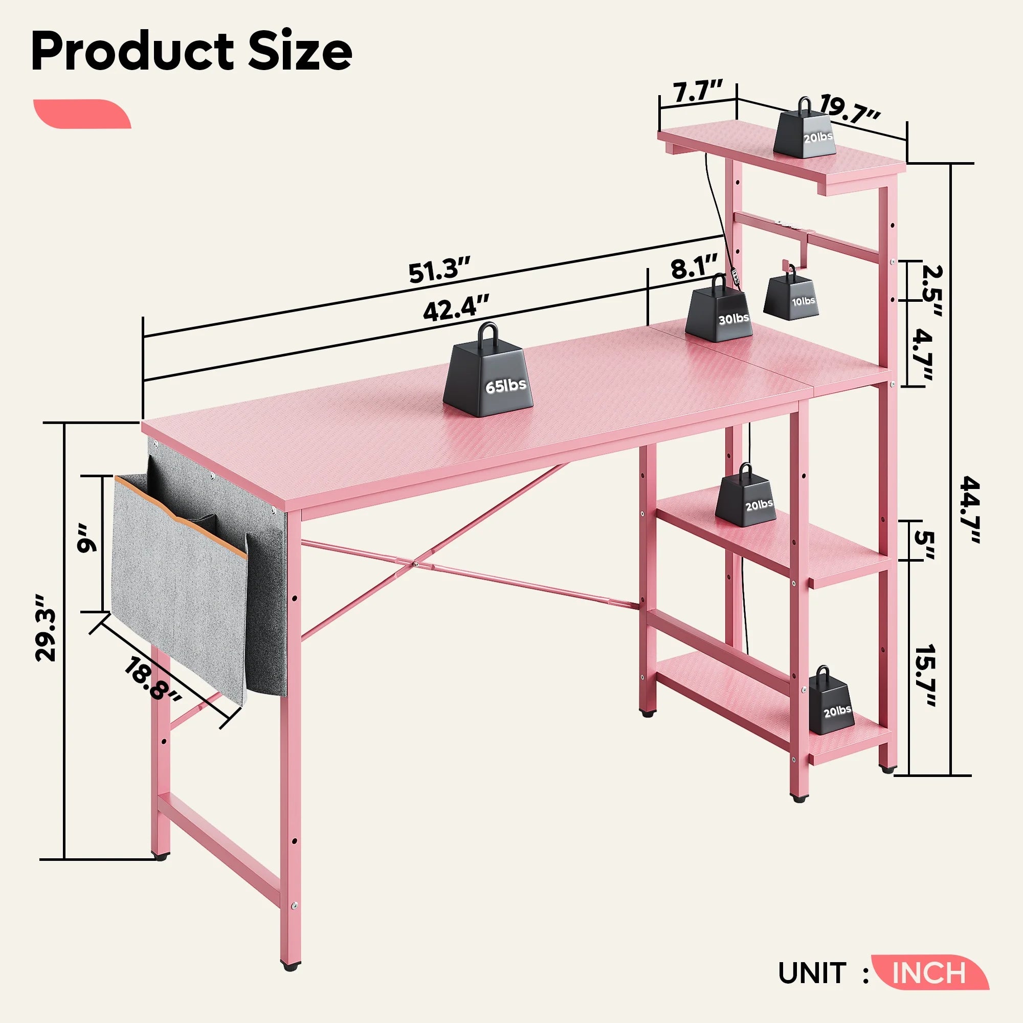 52 In. Pastel Pink Gaming Desk with LED