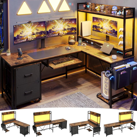 Modular Wooden Gaming Desk with Power Outlet and LED