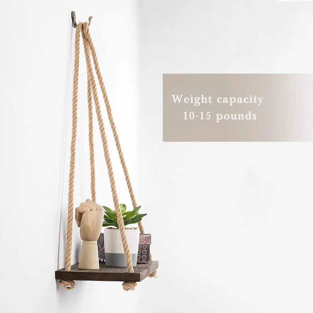 Set of 4 Vintage Hanging Shelves Wood Rope, Brown