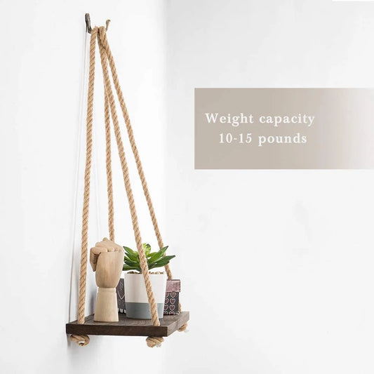 Set of 4 Vintage Hanging Shelves Wood Rope, Brown