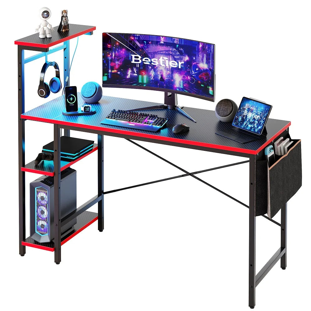 52 In. Gaming Desk with LED, Carbon Fiber/Red