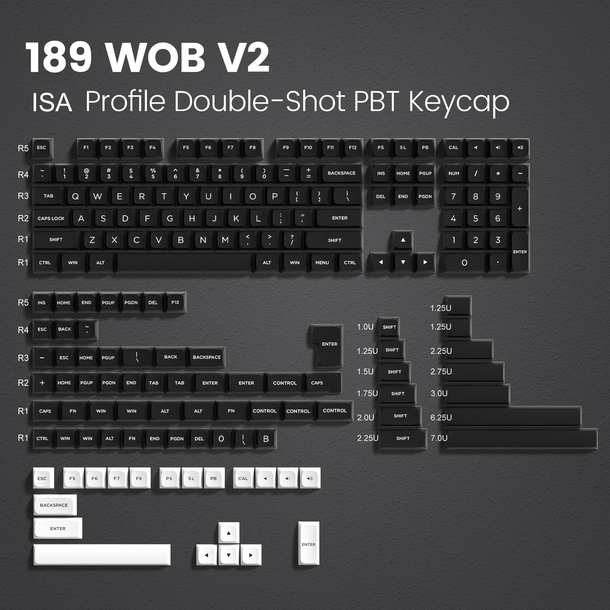 189 Keys ISA Profile Minimalist Keyboard Keycaps WOB BOW Double Shot PBT Keycaps for Gateron Cherry MX Switches Gaming Keyboard
