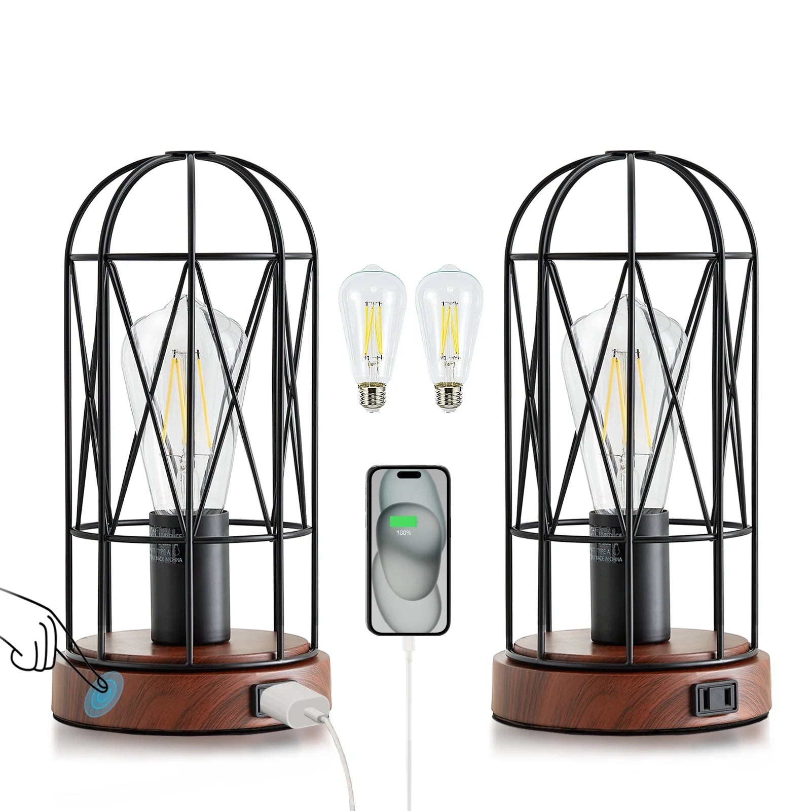 Industrial Table Lamp Set of 2, Small Touch Control Edison Desk Lamp 3 Way Dimmable Vintage Bedside Lamp Metal Cage Steampunk for Living Room,Bedroom or Den