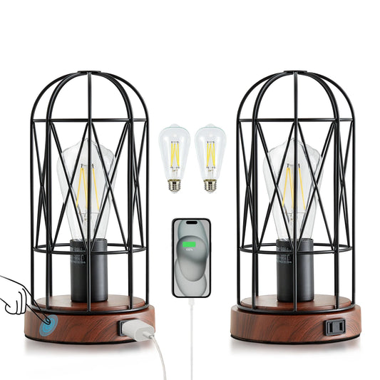 Industrial Table Lamp Set of 2, Small Touch Control Edison Desk Lamp 3 Way Dimmable Vintage Bedside Lamp Metal Cage Steampunk for Living Room,Bedroom or Den