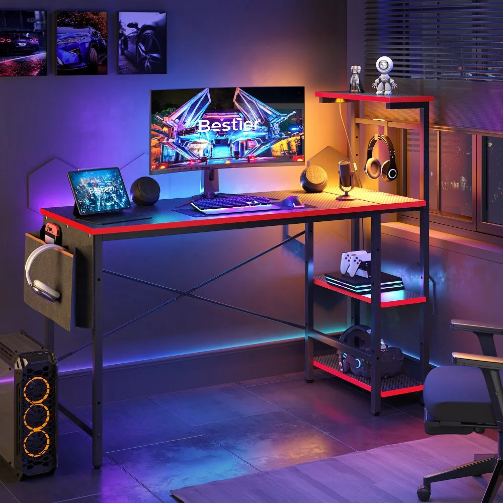 52 In. Gaming Desk with LED, Carbon Fiber/Red