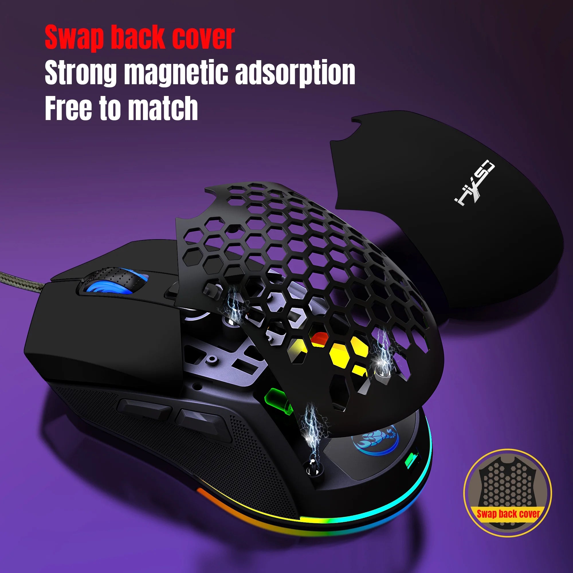 Wired Gaming Mouse with Swap Honeycomb Shell, Adjustable 7200 DPI, 6 Programmable Buttons, Lightweight Gaming Mice with 12 RGB Backlight for Windows PC Gaming and Office,Black