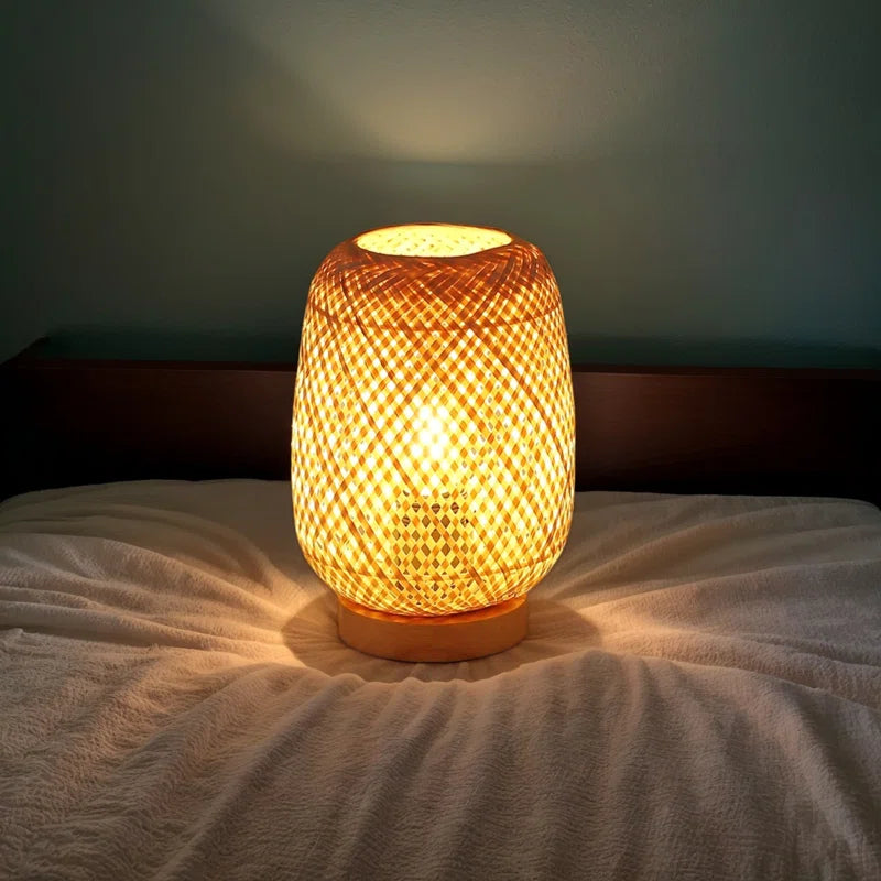 Benvolio Rattan Weave Bamboo Table Lamp with Wood Base Mini Wicker Desk Lamp Boho Farmhouse Nightstand Lamp