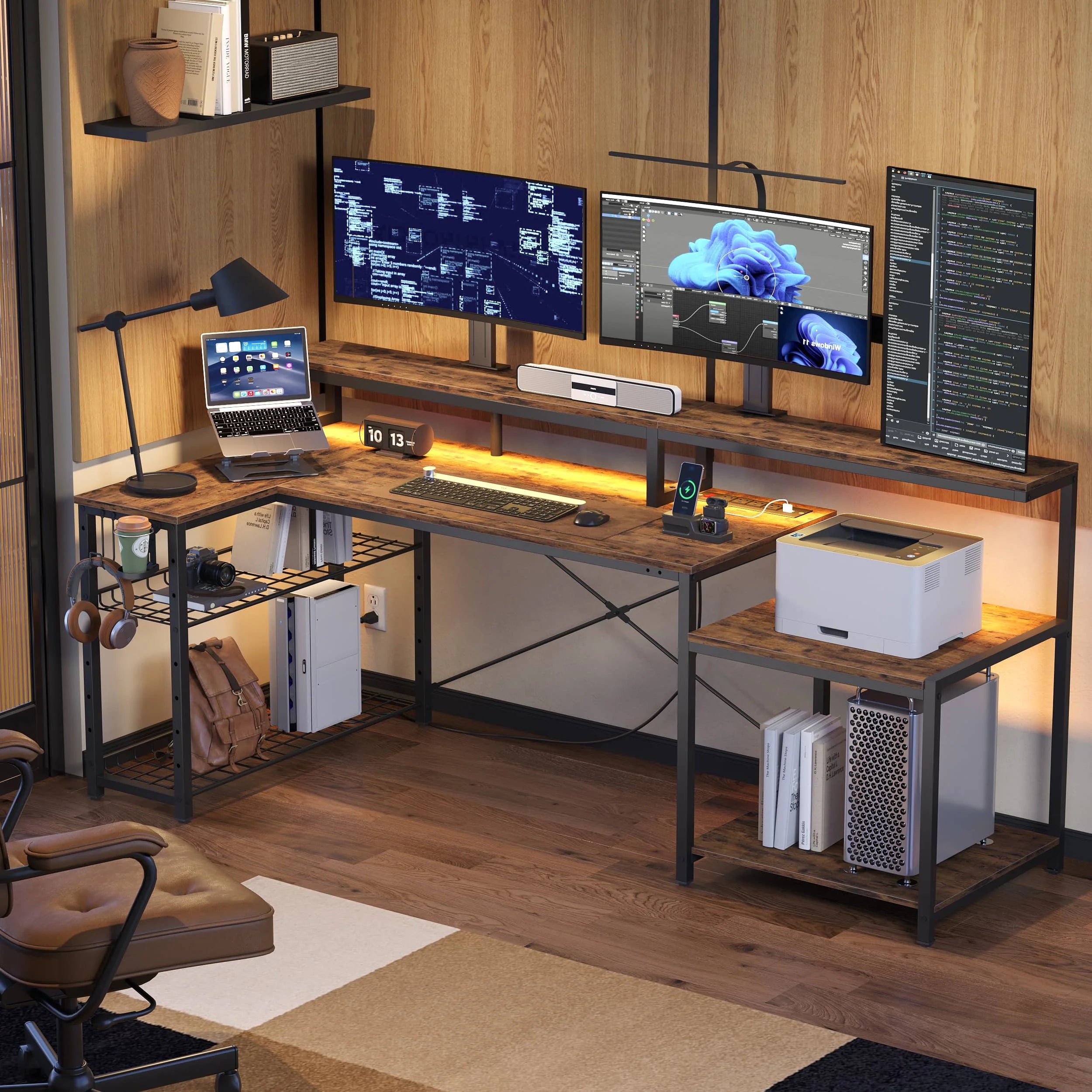 71 In. L-Shaped Gaming Desk with Power Outlets and LED