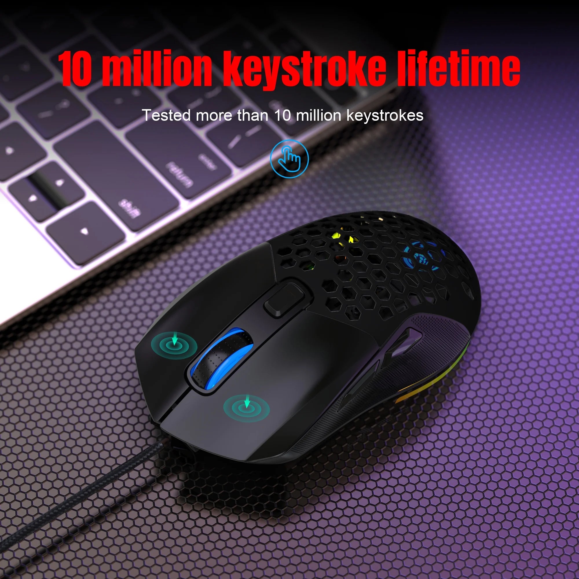 Wired Gaming Mouse with Swap Honeycomb Shell, Adjustable 7200 DPI, 6 Programmable Buttons, Lightweight Gaming Mice with 12 RGB Backlight for Windows PC Gaming and Office,Black