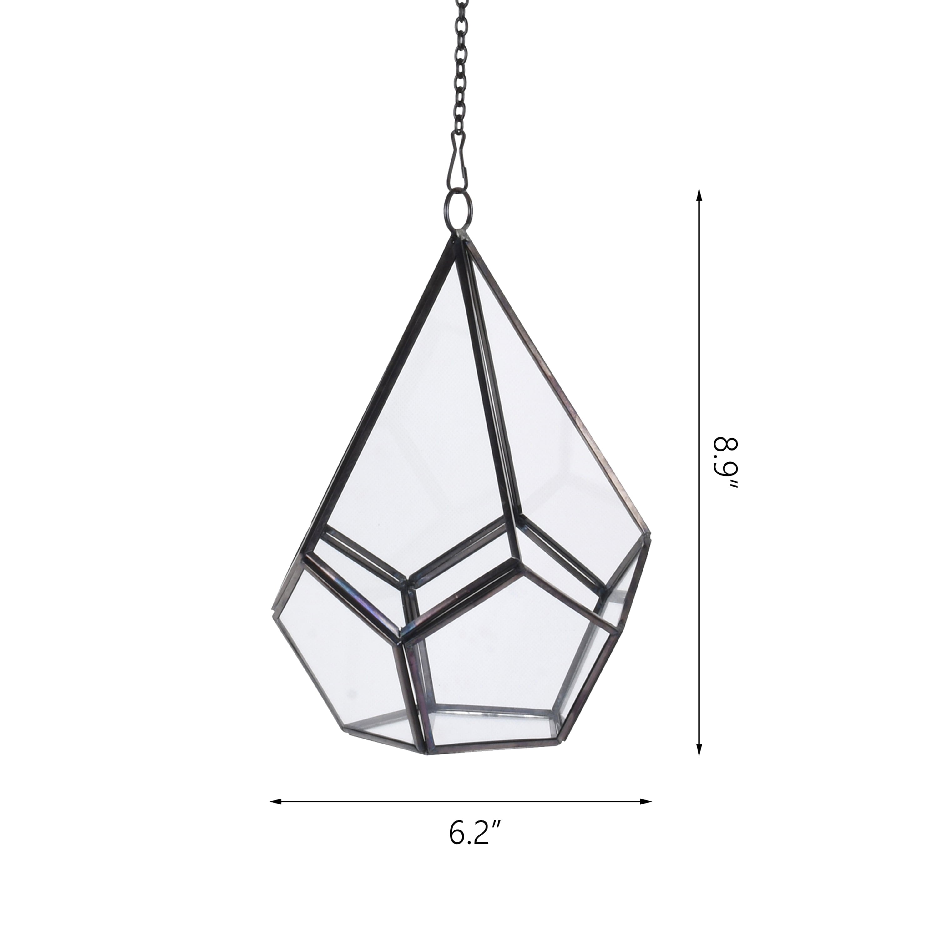 (2 Pack)  Metal and Glass Diamond Shaped Hanging Terrarium, 6.2 in Dia X 8.9 in H