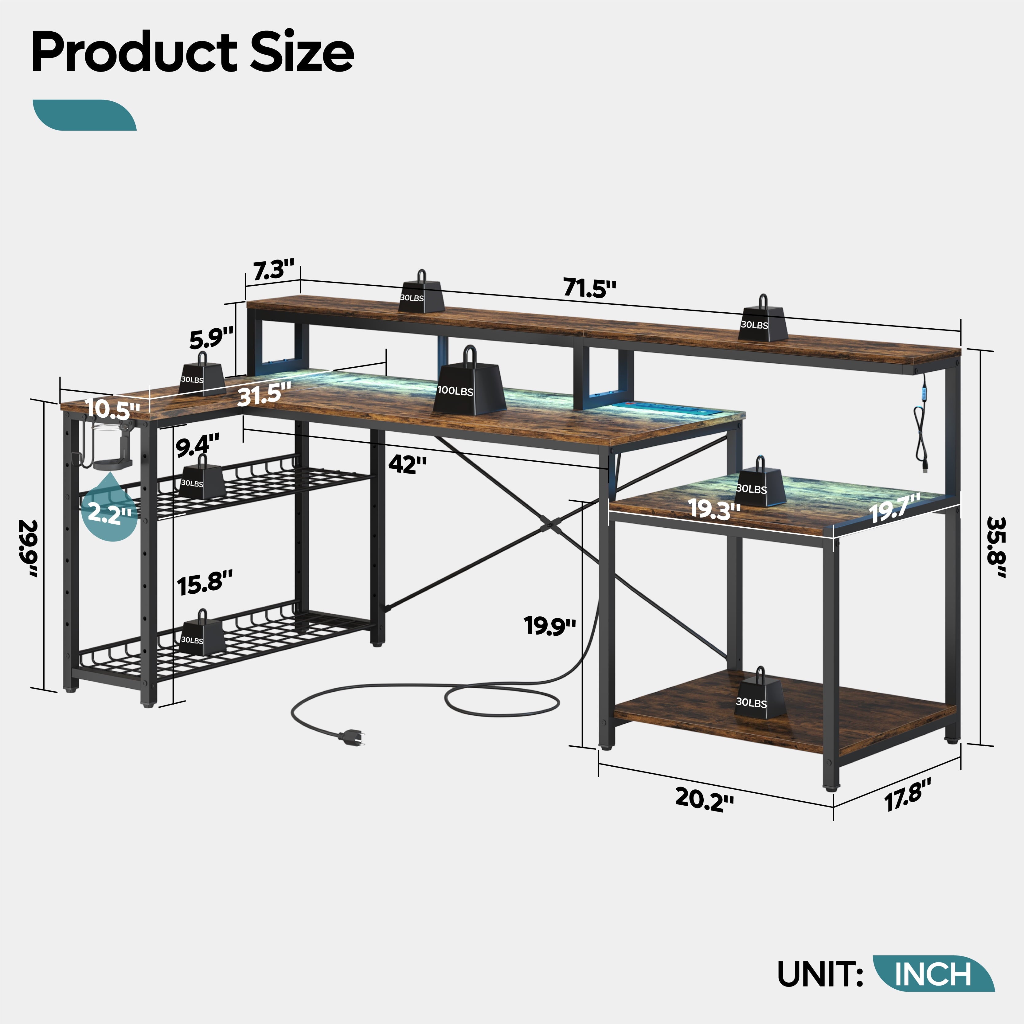 71 In. L-Shaped Gaming Desk with Power Outlets and LED