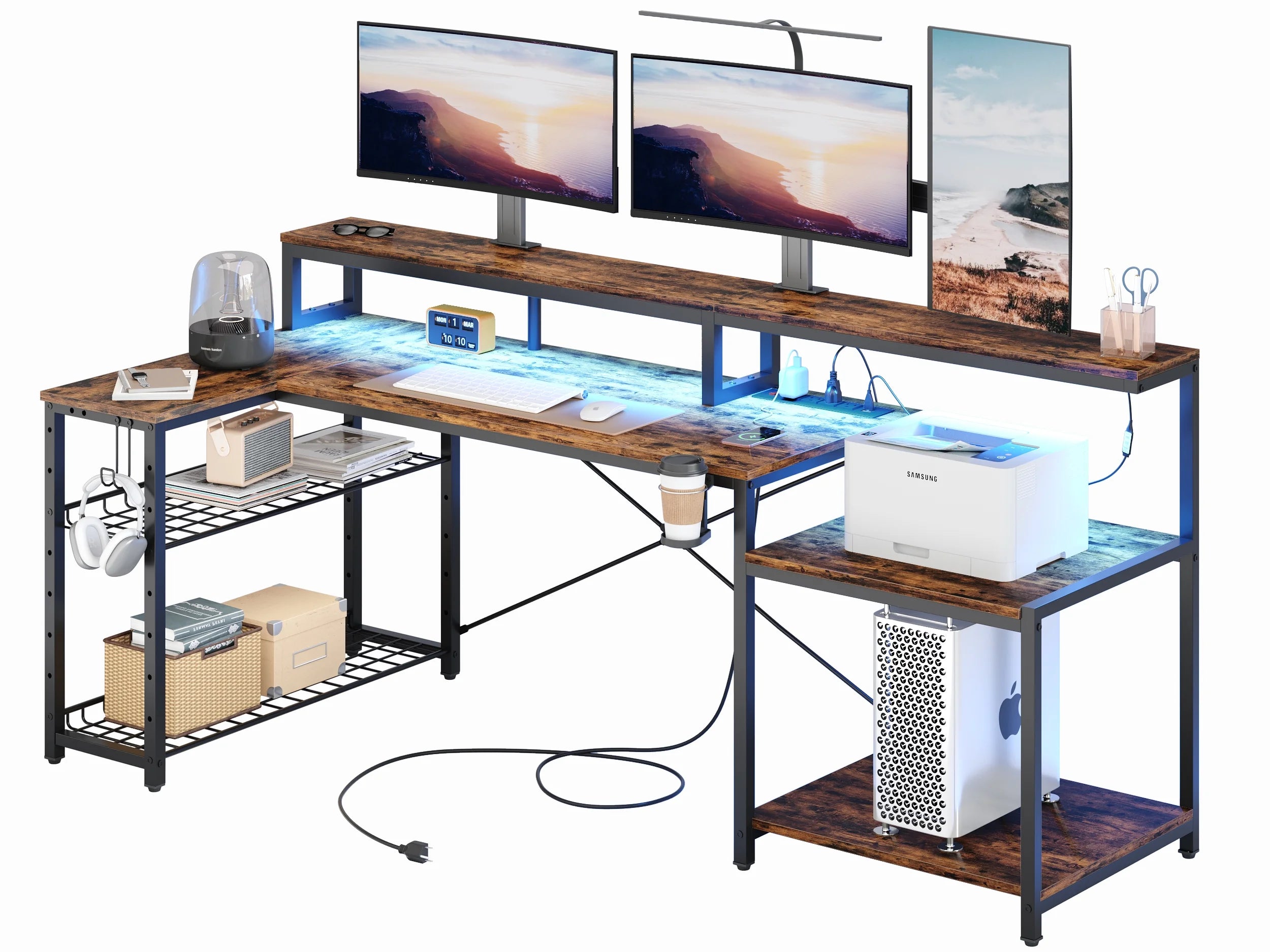 71 In. L-Shaped Gaming Desk with Power Outlets and LED