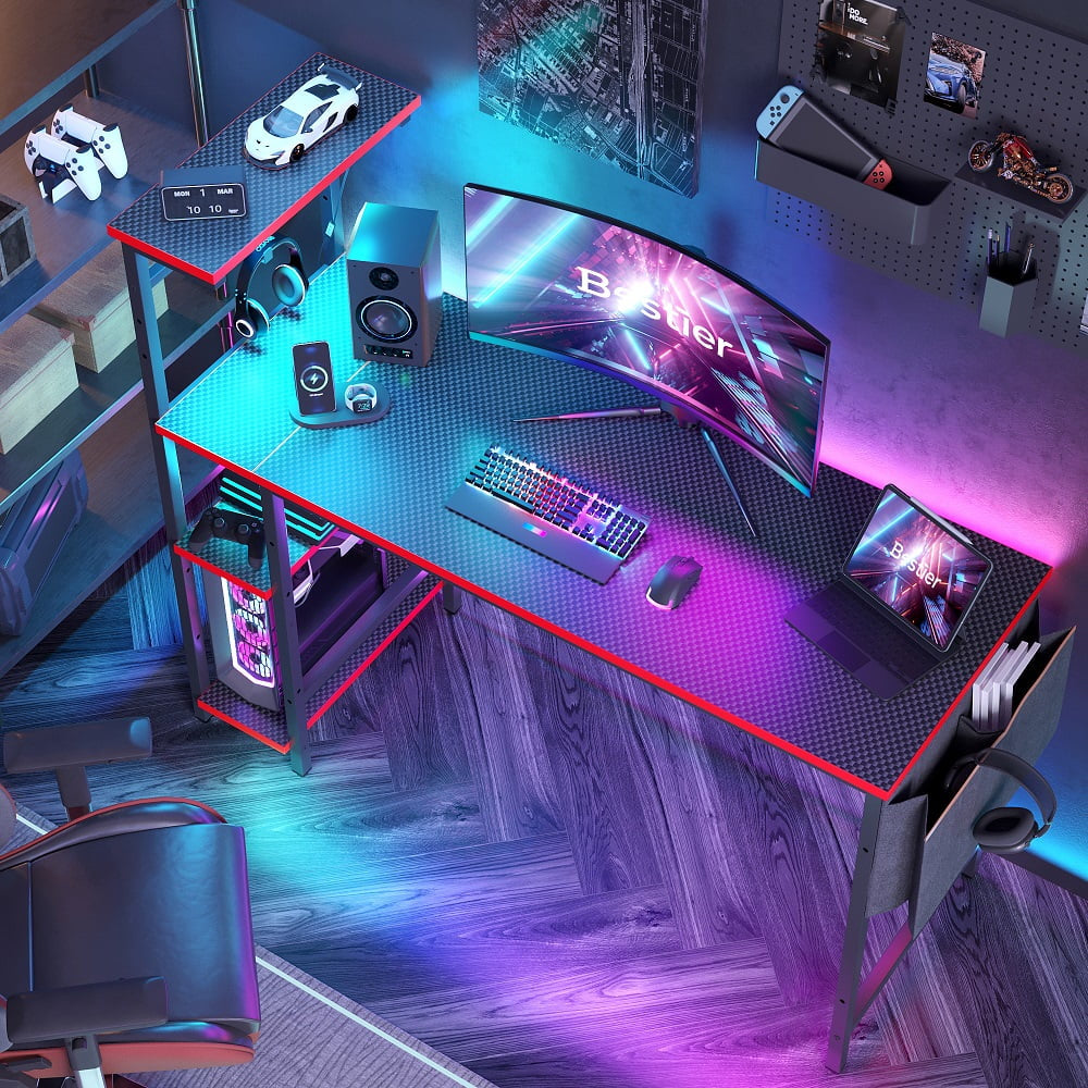52 In. Gaming Desk with LED, Carbon Fiber/Red