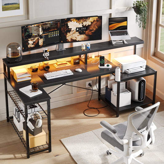 71 In. L-Shaped Gaming Desk with Power Outlets and LED