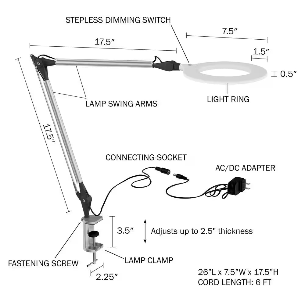 17.5 In. Metal Silver Swing Arm Architect LED Task Lamp with Ring Light