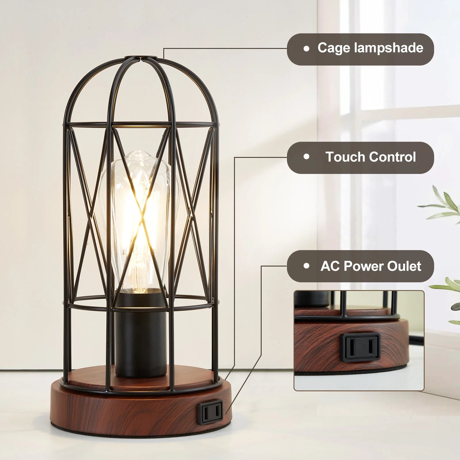 Industrial Table Lamp Set of 2, Small Touch Control Edison Desk Lamp 3 Way Dimmable Vintage Bedside Lamp Metal Cage Steampunk for Living Room,Bedroom or Den