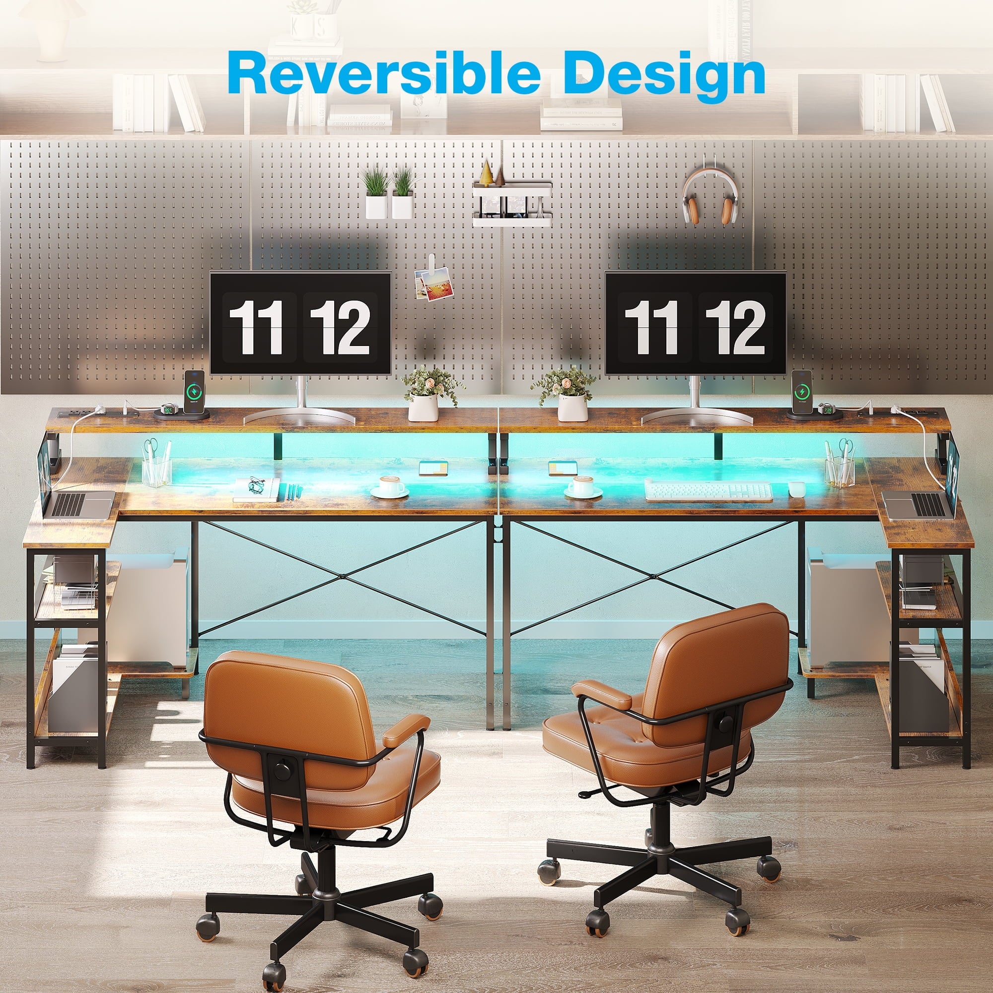 48 In. Reversible L Shaped Gaming Desk with LED Lights & Power Outlet