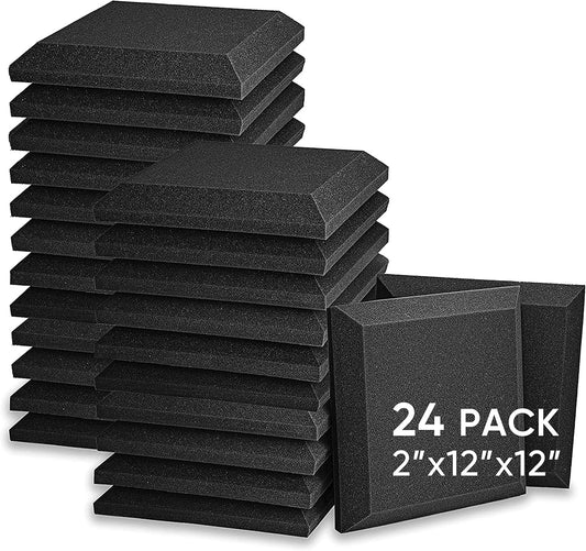 Acoustic Foam Panels, 24 Pack Black 2'' X 12" X 12" Mushroom Studio Wedge Tiles, Sound Panels Sound Proof Foam Panels Sound Proofing Padding for Wall