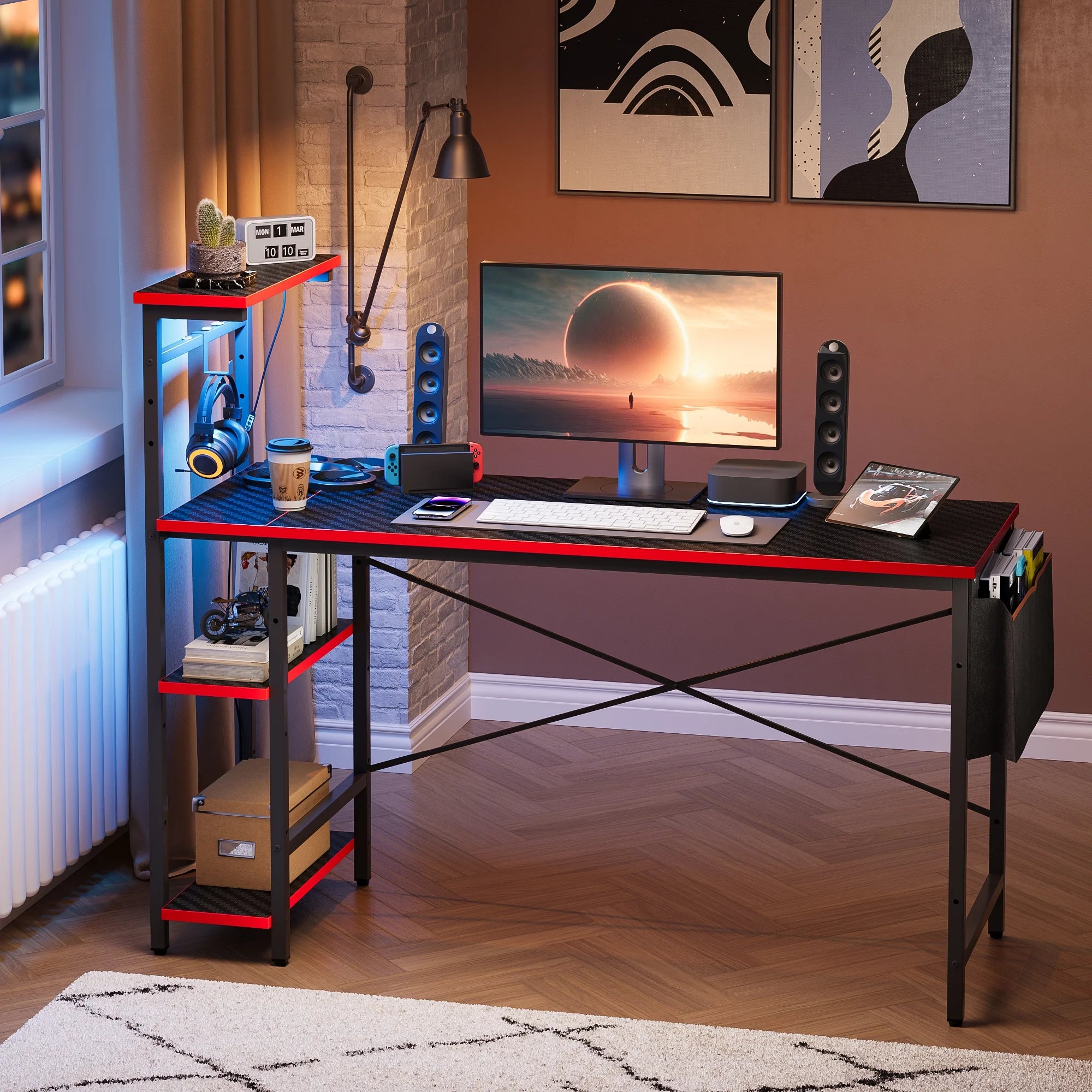52 In. Gaming Desk with LED, Carbon Fiber/Red