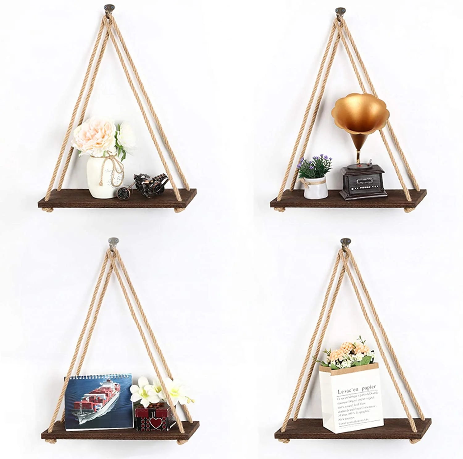 Set of 4 Vintage Hanging Shelves Wood Rope, Brown