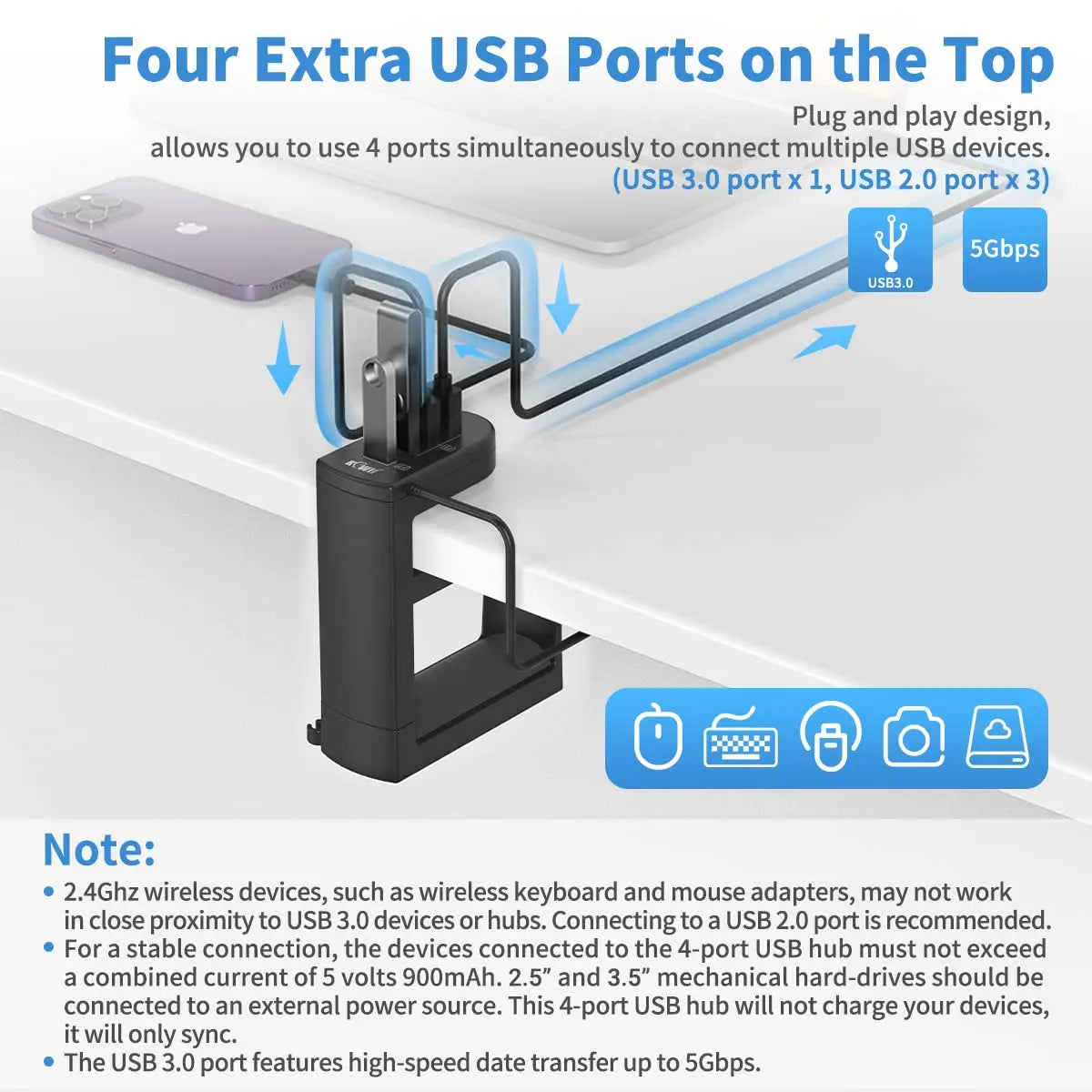 Headphone Stand with 4 USB Port 360° Rotating Clamp for Desk Gamer Headset Stand with USB 3.0 Fast Data Transfer Organize Desk
