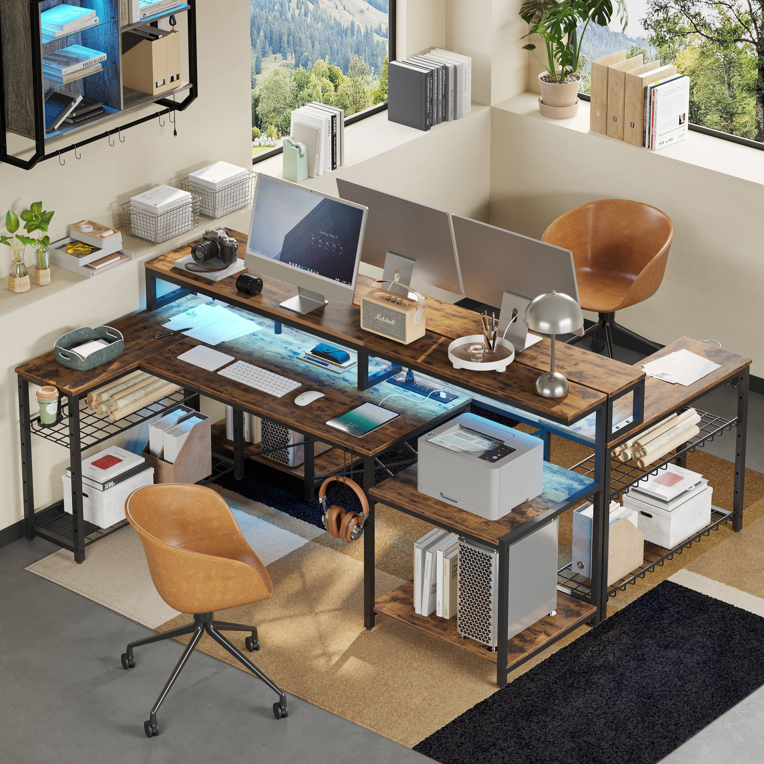 71 In. L-Shaped Gaming Desk with Power Outlets and LED
