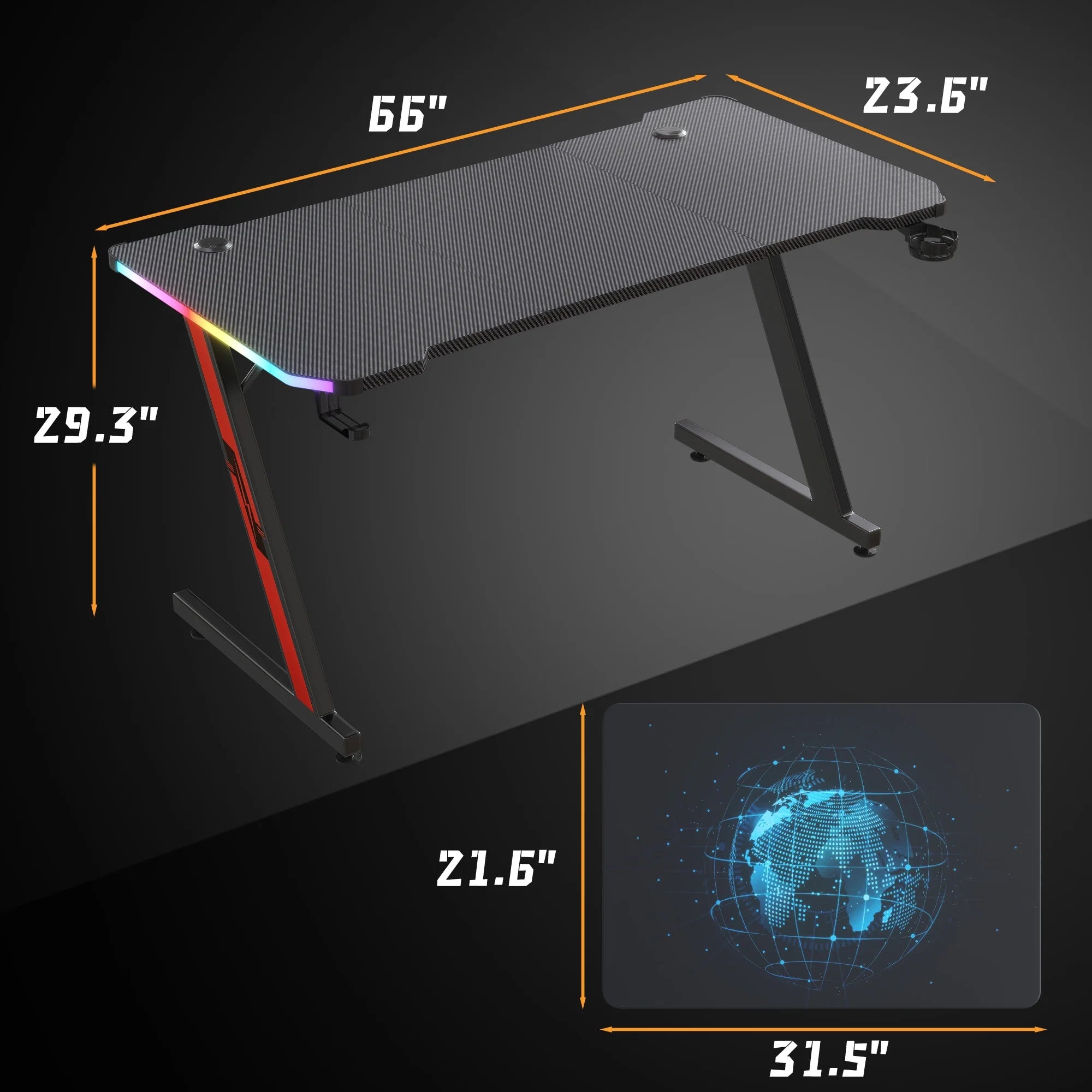 63 Inches Z-Shaped Carbon Fiber Gaming Desk with RGB Lights