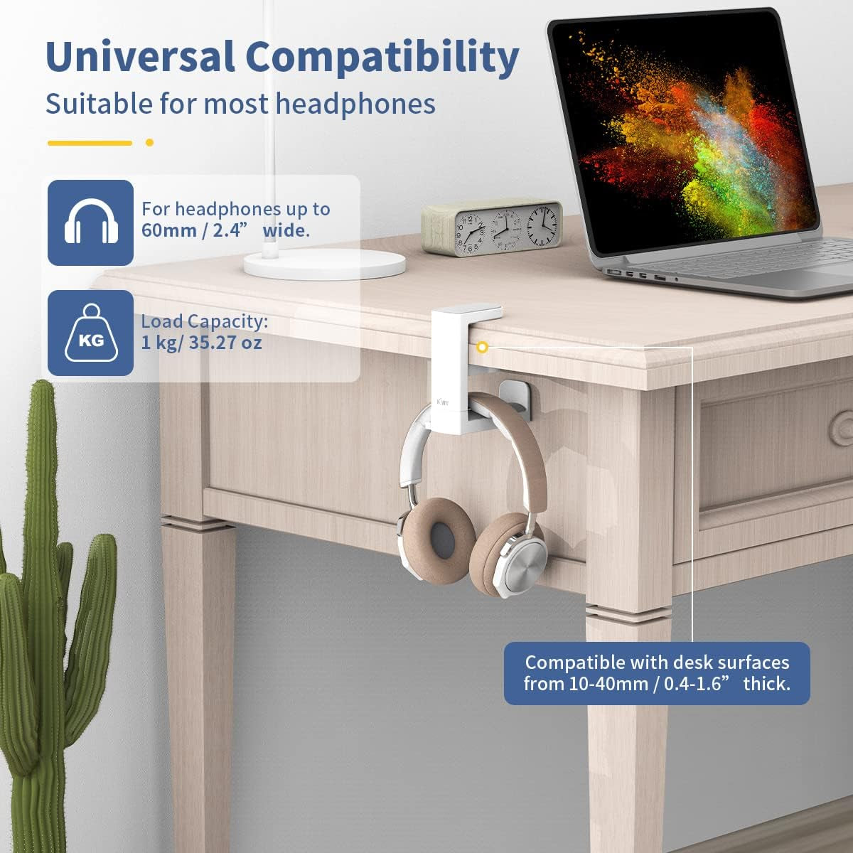 Headphone Stand Holder under Desk, PC Gaming Headset Hook Hanger Mount with 360 Adjustable Rotating Arm Clamp & Built in Cable Clip - White