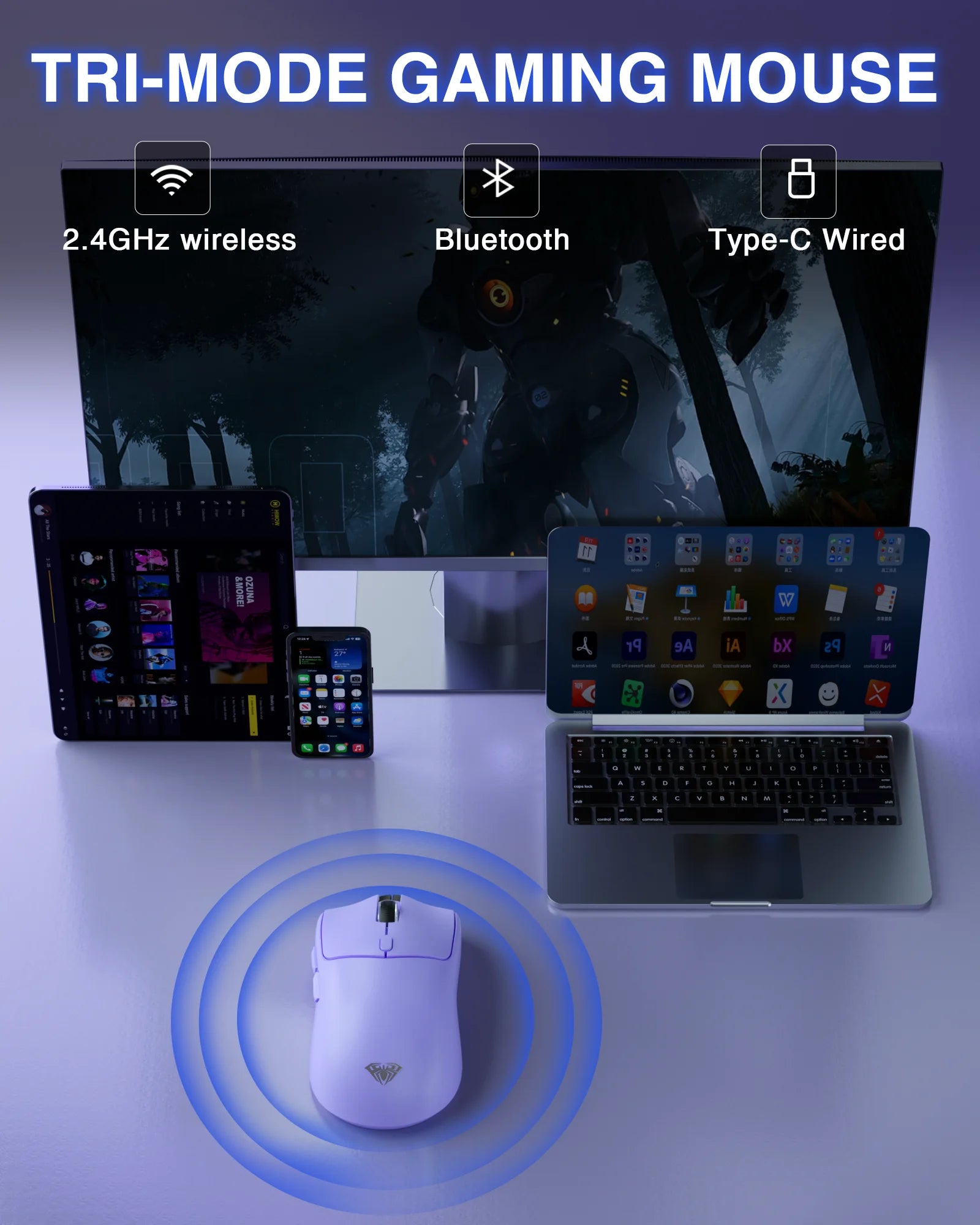 SC580 Gaming Mouse Tri-Mode Rechargeable Ergonomic Bluetooth Mouse 10000 DPI Wireless Bluetooth Mice for Office Gaming