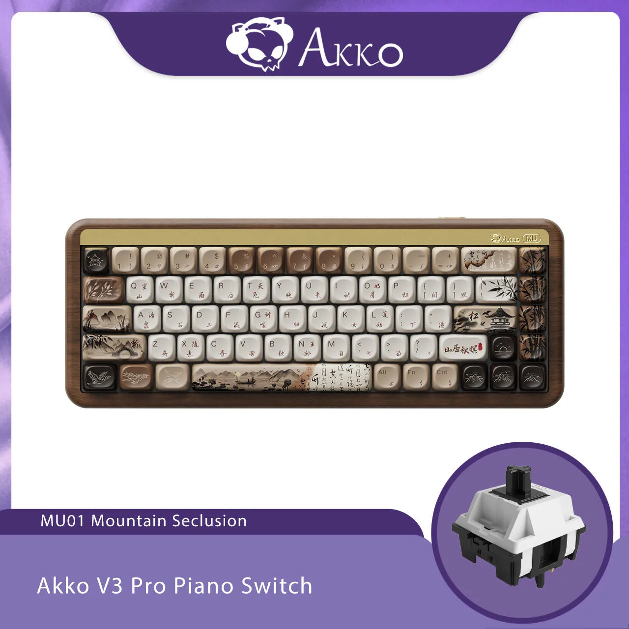 MU01 Mountain Seclusion Wooden Mechanical Keyboard RGB Hot-Swappable BT 5.0/2.4G Wireless & Type-C Wired Gaming Keyboard