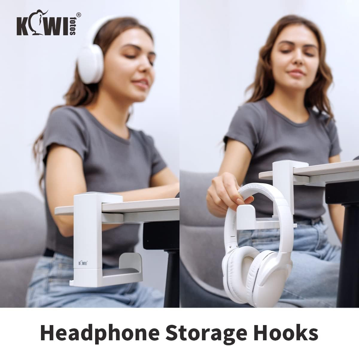 Headphone Stand Holder under Desk, PC Gaming Headset Hook Hanger Mount with 360 Adjustable Rotating Arm Clamp & Built in Cable Clip - White
