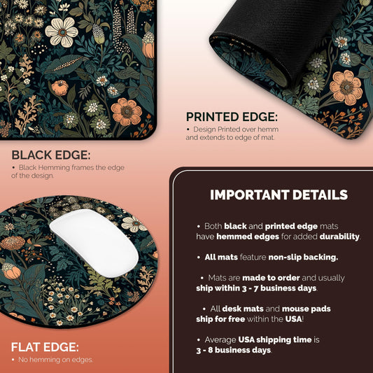 Dark Cottagecore Mat, Floral Desk Mat, Botanical Mouse Pad, Vintage Desk Mat, Wildflower Mousepad, Nature Desk Decor, Garden Desk Pad